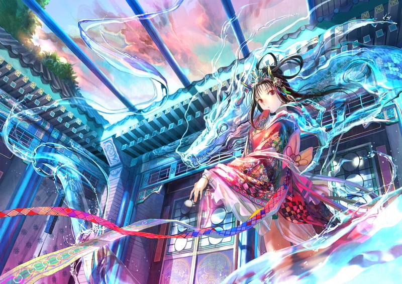 girls, shading, art, hd, abstract, choko, soft, fuji, x, 1080P, fantasy, anime, dragons
