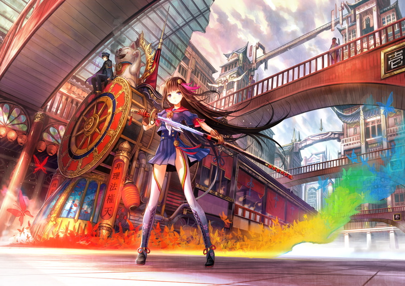gloves, fuji, choko, skirt, animal, sword, original, brown, butterfly, long, katana, cat, weapon, black, hat, 720P, short, hair, fish, water, clouds