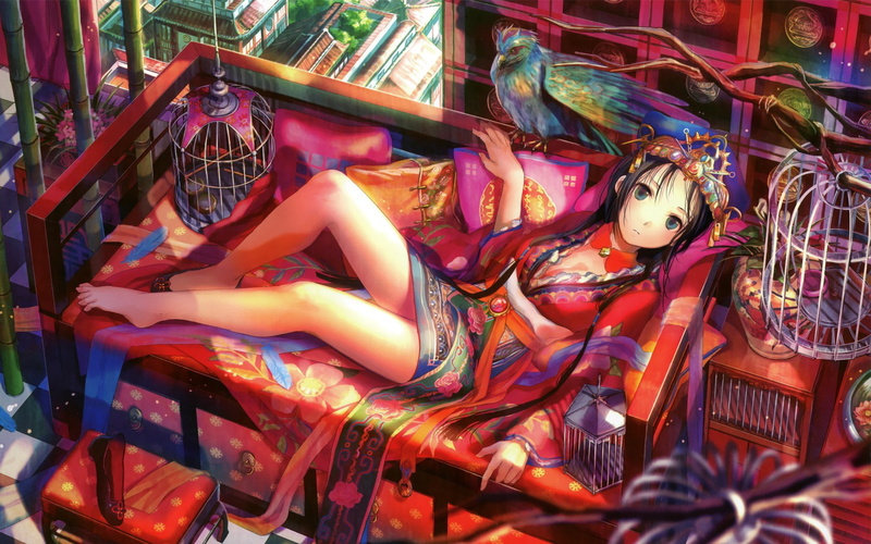 fuji, cage, girls, BIRDS, 720P, hd, choko, anime, animals, patterns, x, art