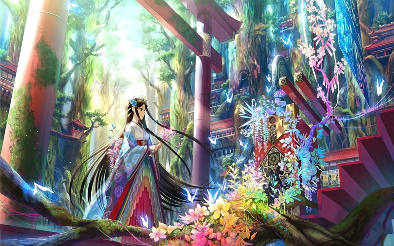 1080P, fuji, art, stairs, choko, gate, flowers, girl