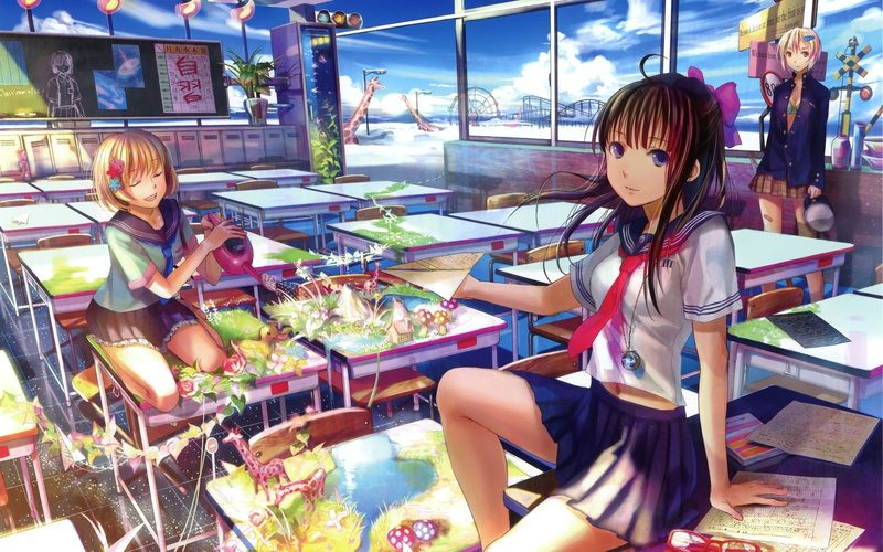 skyscapes, shading, schoolgirls, anime, fuji, magic, school, hd, grass, choko, desks, school uniforms, uniforms, 720P, nature, art, soft, girls, sky