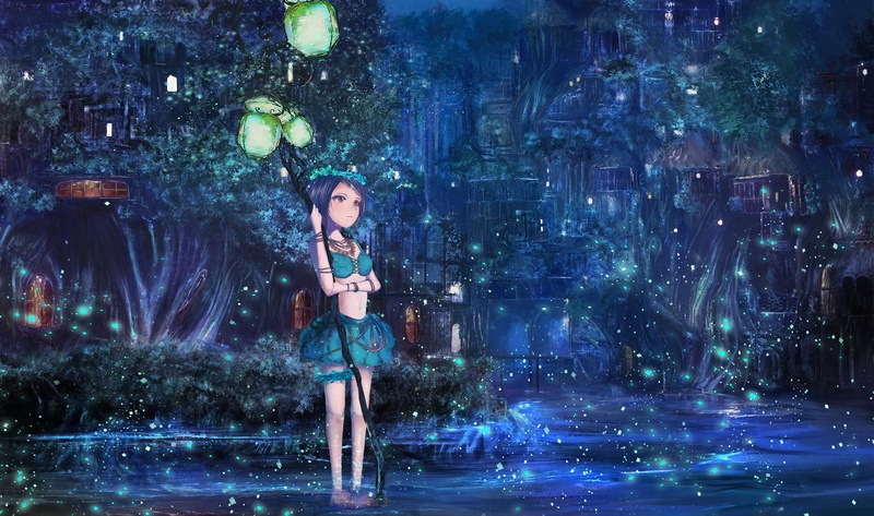 water, blue hair, staff, 1080P, original characters, tiaras