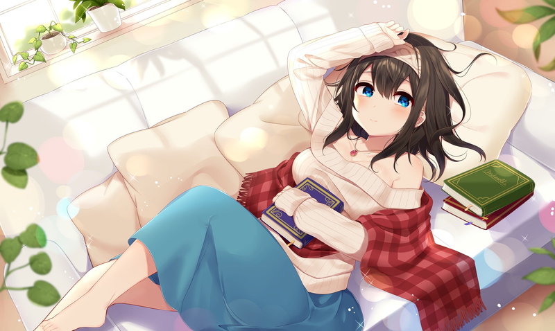 real people, lying down, art and craft, day, couch, childhood, hairstyle, one person, lifestyles, females, Anime, brown hair, high angle view, toy, headband