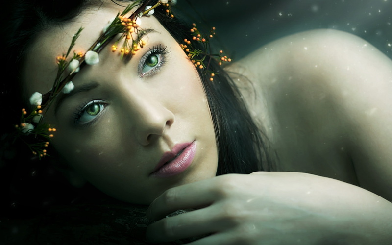 mermaids, rendering, hd, black, tiaras, art, 2K, eyes, green, Flowers, women, hair, faces, people, x