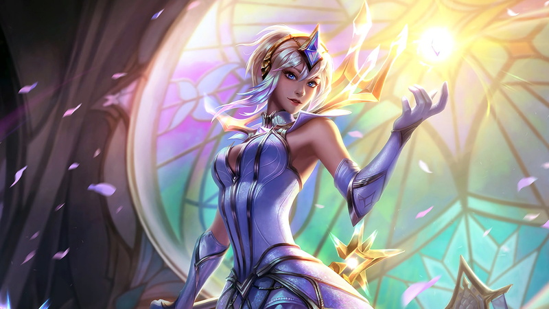 digital art, sorceress, fantasy, girl, magic, Lux, 1080P, stained glass, tiara, light, League of Legends, artwork, fantasy art, crown, game, petals