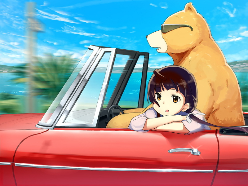 car, outdoors, motor vehicle, amusement park, land vehicle, 1080P, art and craft, amayadori machi, nature, anime girl, red, toy, sky, mode of transportation