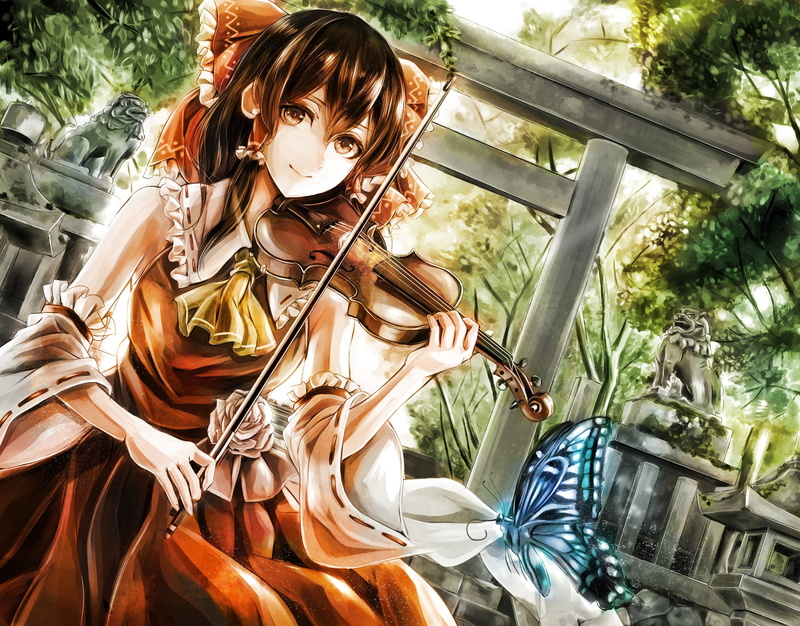 beautiful woman, holding, plant, outdoors, anime girls, leisure activity, nature, waist up, tree, Touhou, adult, Hakurei Reimu, human representation, 1080P