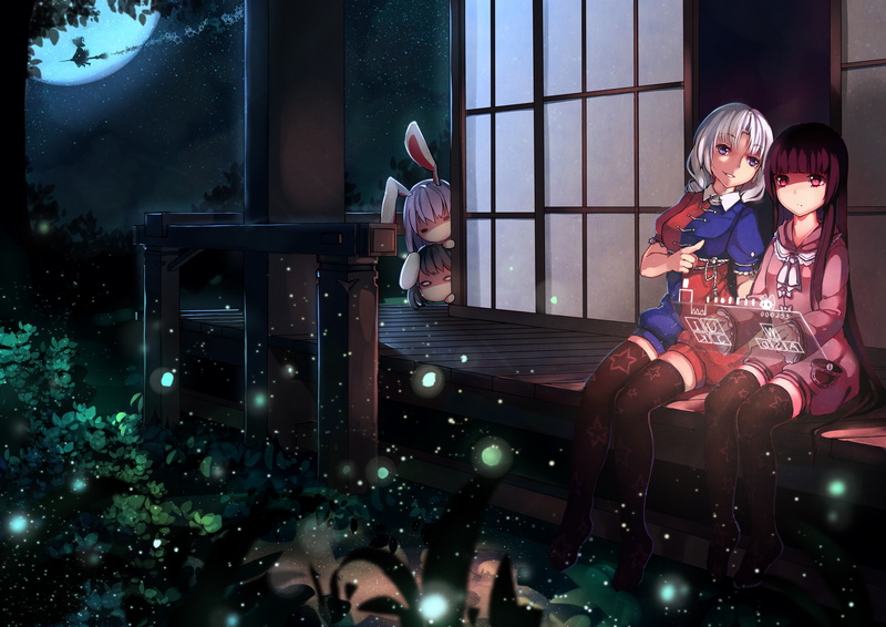 Inaba Tewi, night, Reisen Udongein Inaba, bunny ears, Moon, Yagokoro Eirin, thigh-highs, Touhou, Houraisan Kaguya, 4K