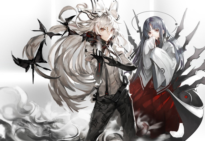 magic, anime, white hair, Houraisan Kaguya, headband, 720P, black hair, Touhou, ribbon, anime girls, long hair, Fujiwara no Mokou