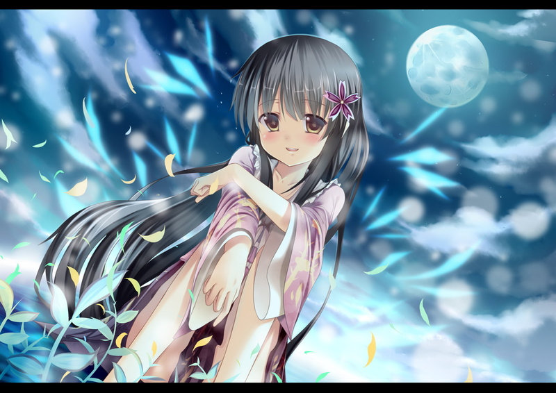 hair, moon, dress, sky, night, touhou, blush, kaguya, asterisk, yuuri, 720P, long, houraisan, petals
