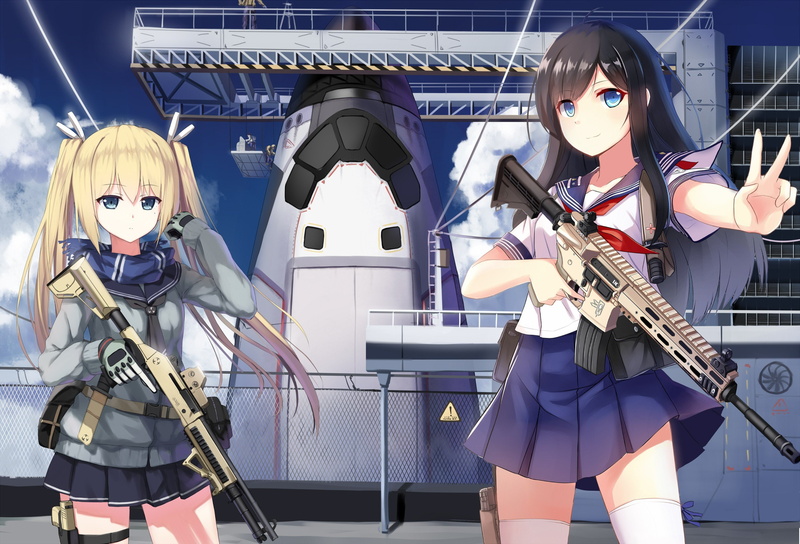 School Uniform, anime, gun, Original Characters, 2K, weapon, Blonde, Benelli M1014, twintails, Yuri Shoutu, Anime Girls, blue eyes, scarf, Skirt, Black