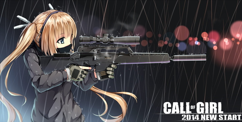 water, shoutu, eyes, ribbons, gun, hair, yuri, mask, rain, original, gloves, 1080P, blonde, headphones, twintails, black, weapon