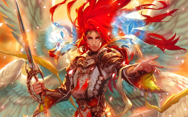 1080P, wings, midori, crystal, angel, man, sword, red, warrior, foo, art
