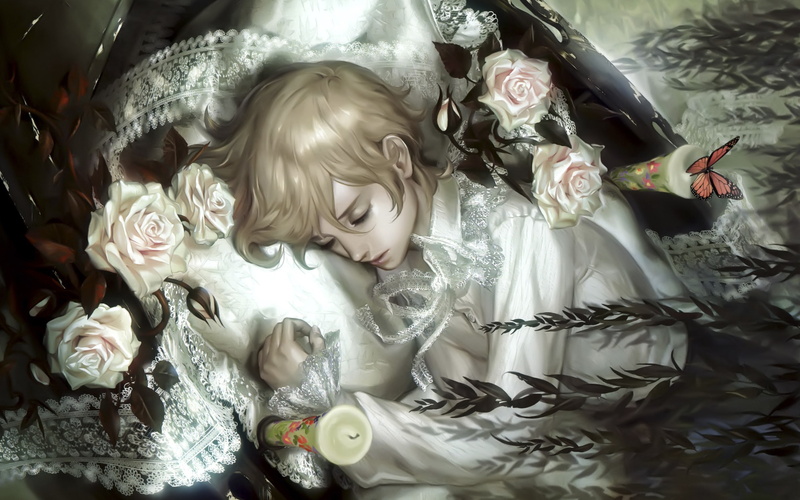 people, midori, Flowers, wal, girls, hd, x, foo, art, short, candles, artwork, coffin, lying, anime, blondes, hair, 2K