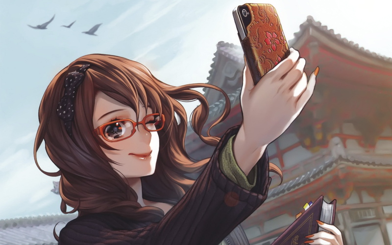 hd, people, artwork, smiling, glasses, art, foo, x, hair, anime, girls, midori, brunettes, 2K, iphone, meganekko, long, wal