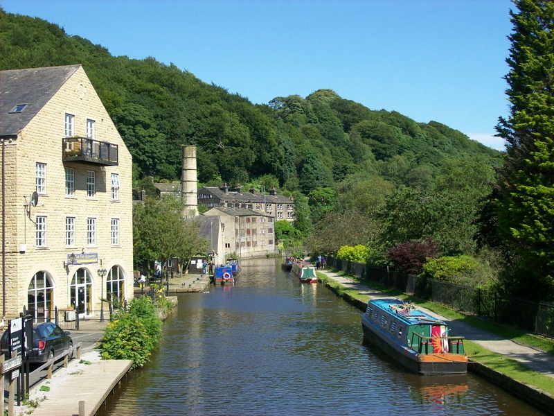 town, sky, built structure, day, plant, architecture, West Yorkshire, mode of transportation, forest, waterway, incidental people, nature, reflections