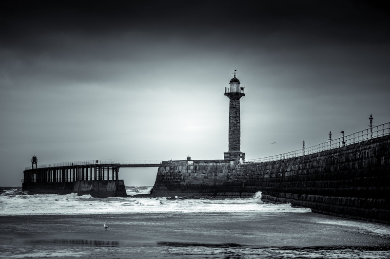 building exterior, pier, gothic, protection, security, drama, tide, outdoors, 5K, whitby, lighthouse, waves, mood, west pier, uk, architecture, england