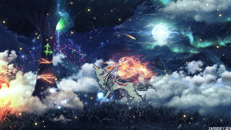 1080P, Moon, aurorae, artwork, Okami, grass, trees, wolf