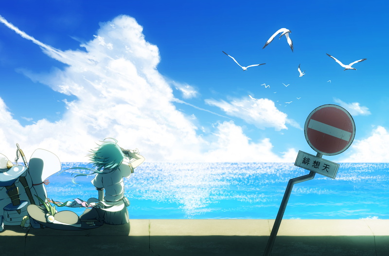 animal wildlife, sky, animal themes, outdoors, low angle view, sunlight, vertebrate, 2K, Anime, hinanawi tenshi, seagull, touhou, beauty in nature, ocean