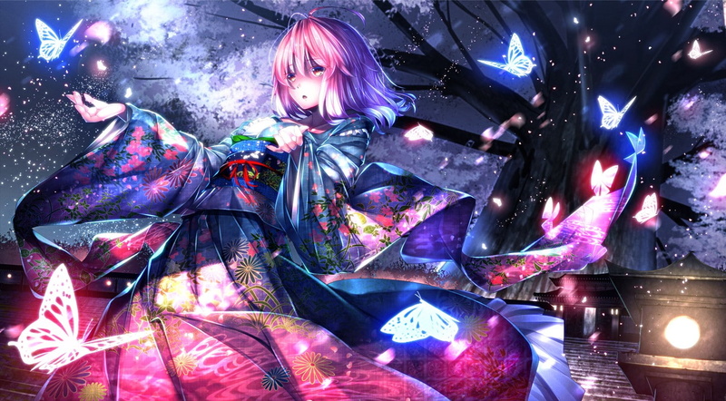 anime girls, Saigyouji Yuyuko, kimono, butterfly, Touhou, 720P, anime