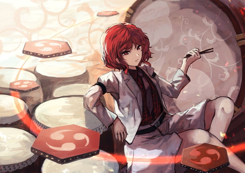mask, lifestyles, leisure activity, waist up, celebration, holding, disguise, Horikawa Raiko, costume, short hair, indoors, standing, one person, redhead