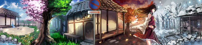 4K, trees, Hakurei Reimu, seasons, Saigyouji Yuyuko, Touhou, snow