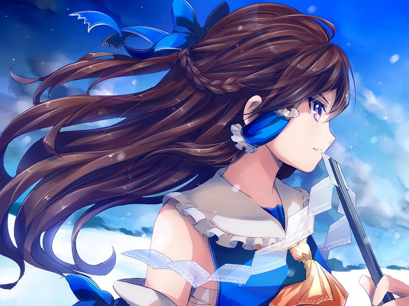 hairstyle, young adult, representation, real people, art and craft, day, waist up, headshot, leisure activity, Touhou, blue, nature, 480P, Hakurei Reimu