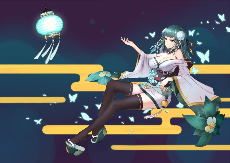 long, 720P, 252220, liu, cleavage, com, ryouiki, zettai, lan, aqua, konachan, headdress, hair, yukata, butterfly, japanese, onmyouji, green, thighhighs