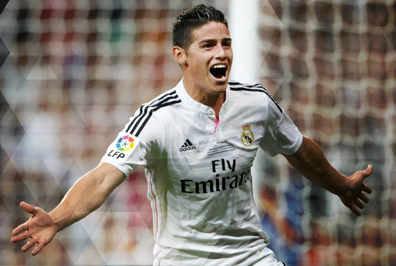 480P, sport , arms raised, jersey, human limb, mouth open, James Rodriguez, front view, one person, standing, happiness, vitality, adidas, men, white