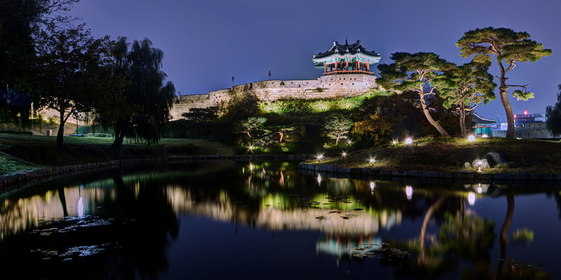 plant, nature, 4K, building exterior, hwaseong fortress, fortress, night, long exposure, suwon, reflection, lights, waterfront, built structure, trees