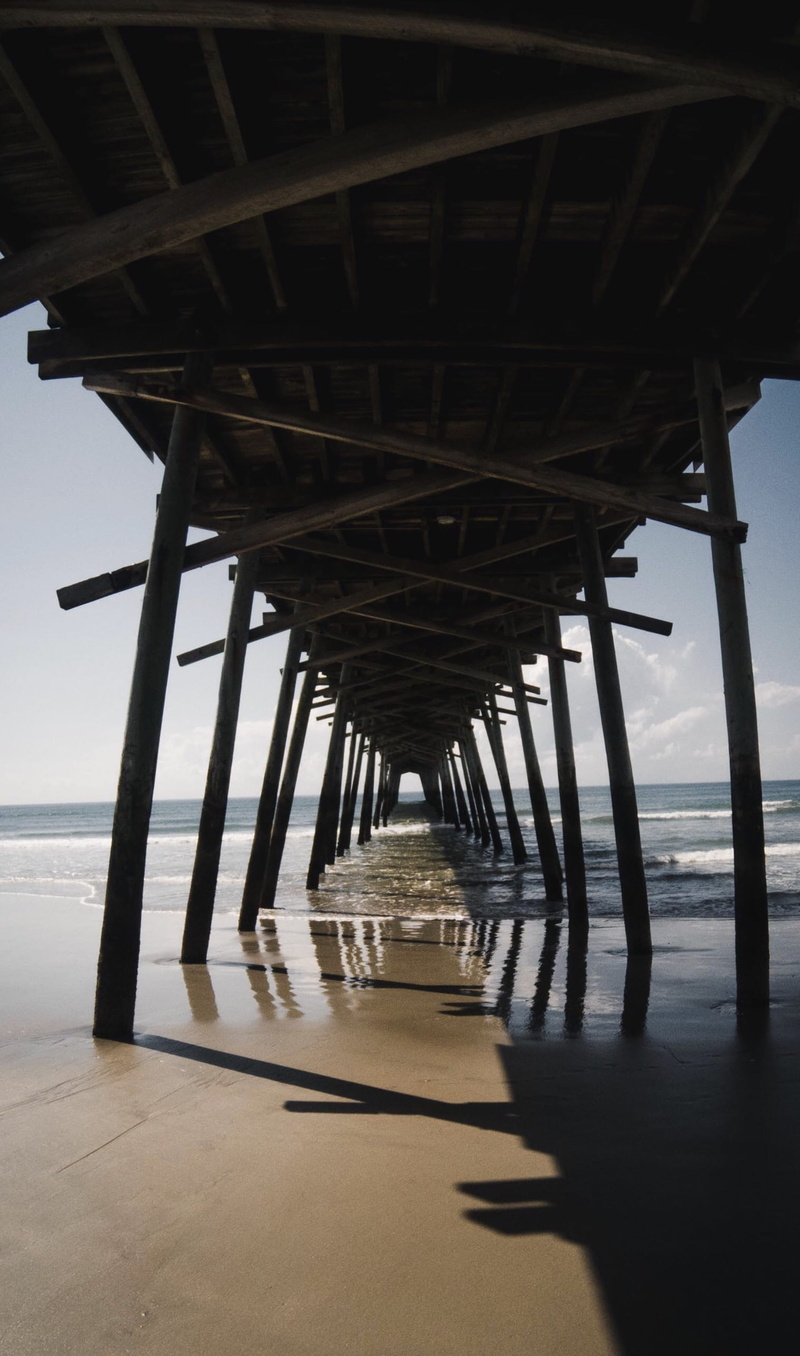dock, architectural column, no people, sunlight, porch, handrail, connection, wood, built structure, nature, beach, long, port, underneath, 2K, shoreline