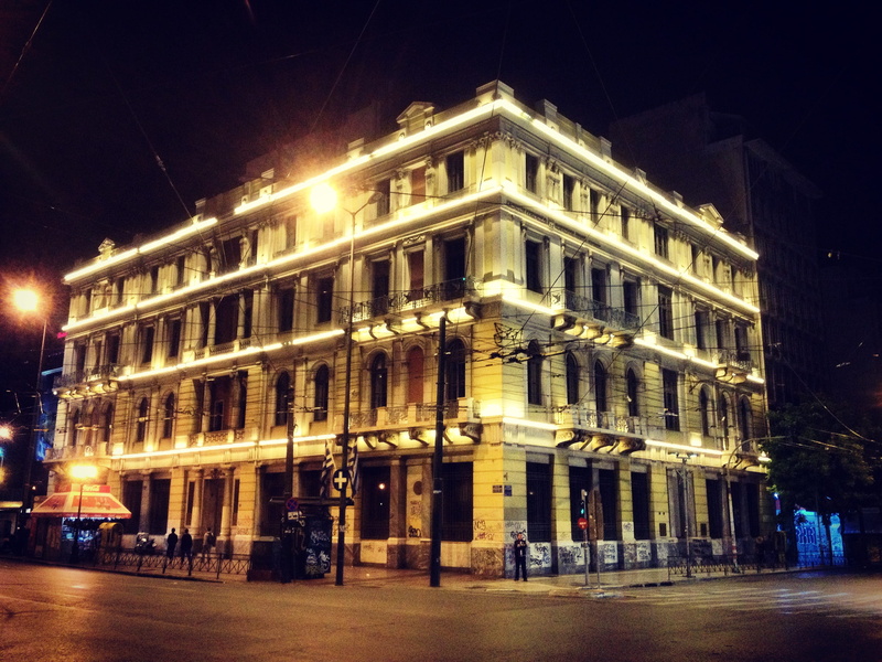 street, built structure, architecture, omonoia square, building exterior, nightlife, window, 2K, nature, illuminated, outdoors, facade, city, street light