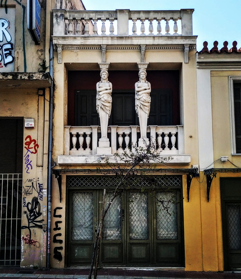 outdoors, gate, painting, non-western script, 2K, curtain, balcony, representation, no people, vase, home decor, athina, mural, graffiti, the past, architectural column