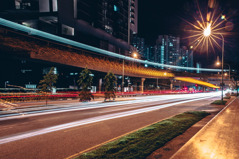 speed, lapse, outdoors, built structure, building exterior, 4K, dark, no people, timelapse, urban, cityscape, city, blurred motion, road, illuminated