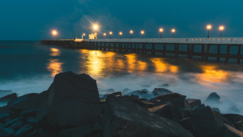 outdoors, exposure, speed, sea, tranquility, street light, long expo, building exterior, no people, dock long exposure, bridge, scenics - nature, ocean