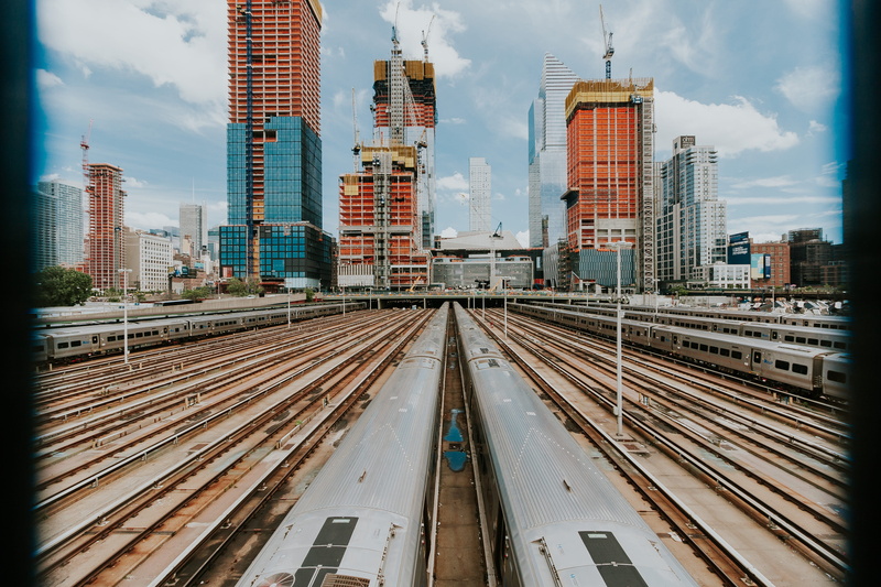 railway, town, rail, new york, building, no people, mode of transportation, built structure, skyscraper, building exterior, leading line, near, way, high rise