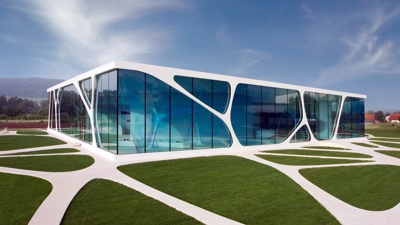 city, leonardo glass cube architecture germany building modern reflection glass grass path europe, backgrounds, built structure, business, office building exterior