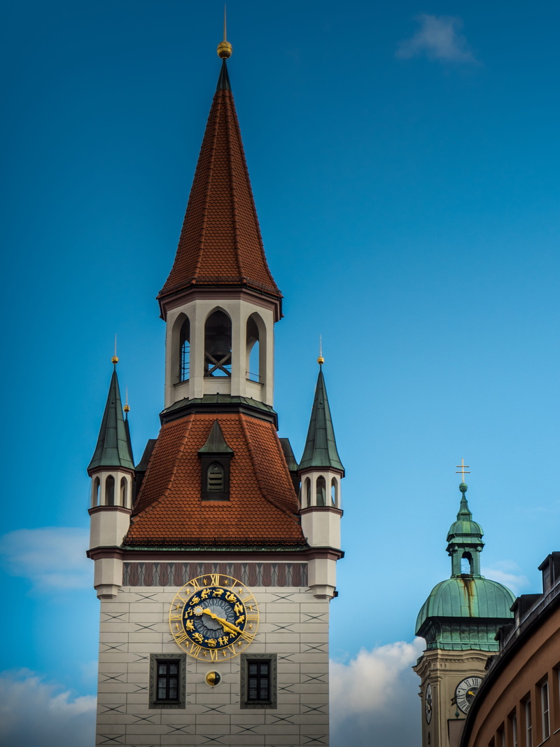 clock, architecture, churches, no people, brick, day, temple, building exterior, cross, cathedral, built structure, construction, place of worship, munich