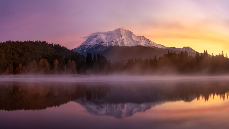 sky, america, united states, forest, shasta lake, sunrise, reflection lake, lake, nature, pine tree, sunrise - dawn, water, idyllic, mt shasta, tranquil scene
