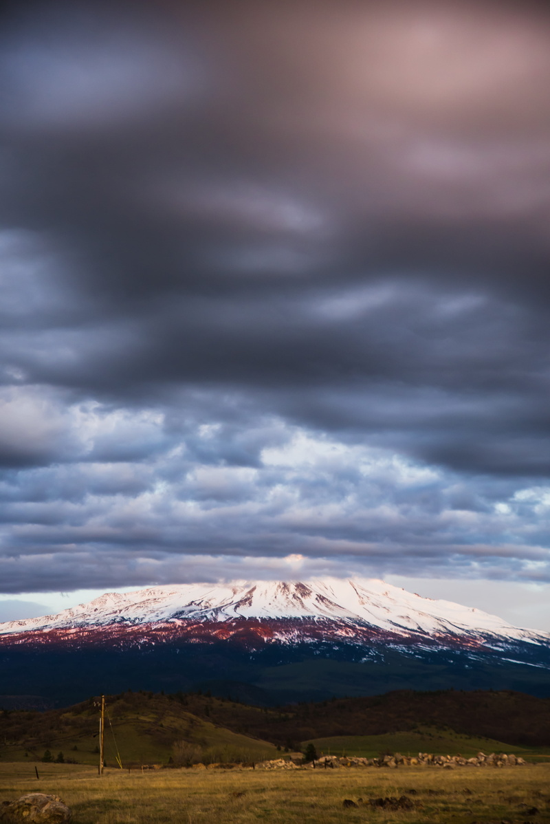 winter, land, mount shasta, mountain, california, snow, mountain range, sunset, cloud - sky, environment, beauty in nature, tranquil scene, no people, field