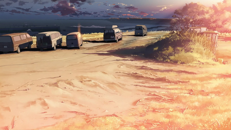 beauty in nature, no people, vehicles, sky, outdoors, day, building exterior, sunset, parked, artwork, nature, anime, beside, architecture, 5 Centimeters Per Second
