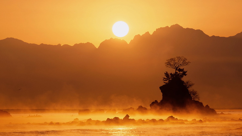 fog, lake Yamanaka, stones, Japan, mountains, the sun, rock, 1080P, trees