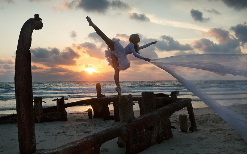 ballerina, veil, sea, sunset, 1080P, 1920x1200, girl, beach