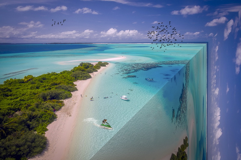 swimming pool, tranquility, sand, birds, tree, landscape, tranquil scene, holiday, 5K, bots, plant, manipulation, travel, water, sky, perspective bending
