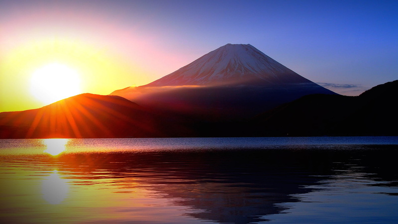 lake, Sun, Lake Motosu, Japan, clouds, water ripples, mountains, snowy peak, landscape, sky, Mount Fuji, sun rays, 1080P, nature, sunset