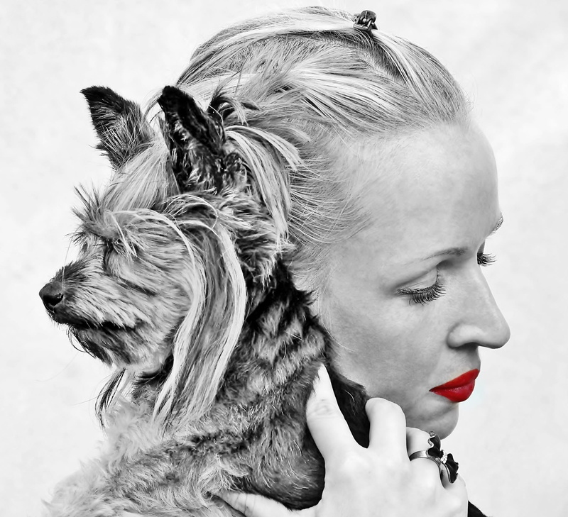 hair, looking away, beautiful woman, headshot, looking, day, females, domestic animals, mammal, one person, close-up, black and white, yorkshire, love