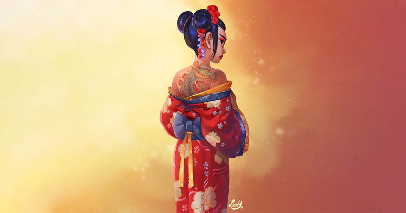 Girl, Japanese, Character, Beautiful, Jérémie Fleury, Background, Japan, Illustration, Dragon tattoo and floral kimono, Fantasy, Kimono, Figure, Dragon