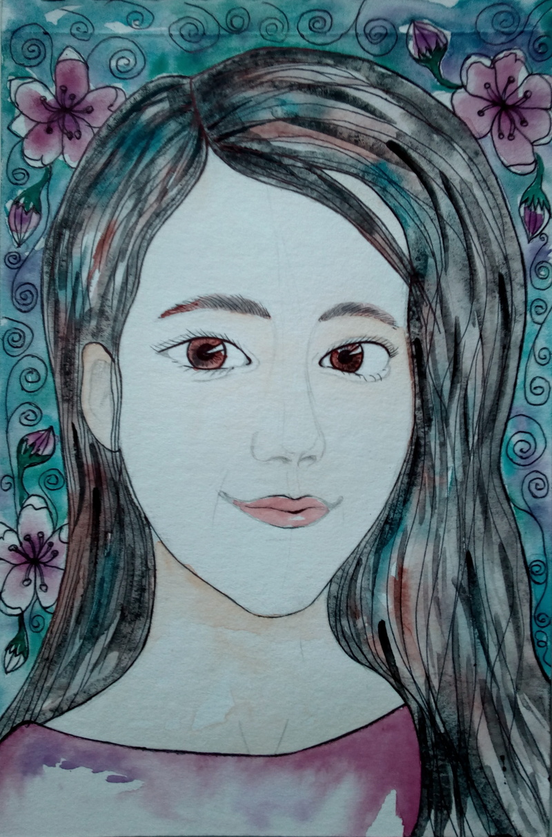 korea, front view, beautiful woman, young women, watercolor, close-up, human face, figure, asia, sakura, color, body part, digital composite, one person