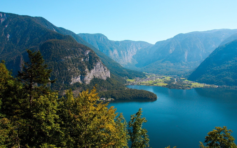 Forest, Mountains, skies, clear, 1080P, Lake, Austria, Trees, green
