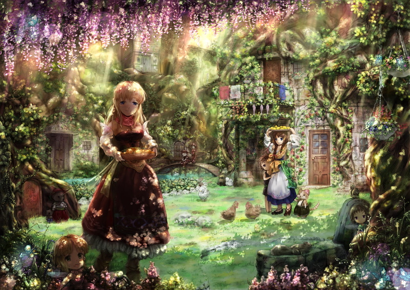 animal, eyes, tree, purple, hair, blue, dress, haruki, cat, brown, flowers, food, miyai, original, 720P, green, blonde, butterfly